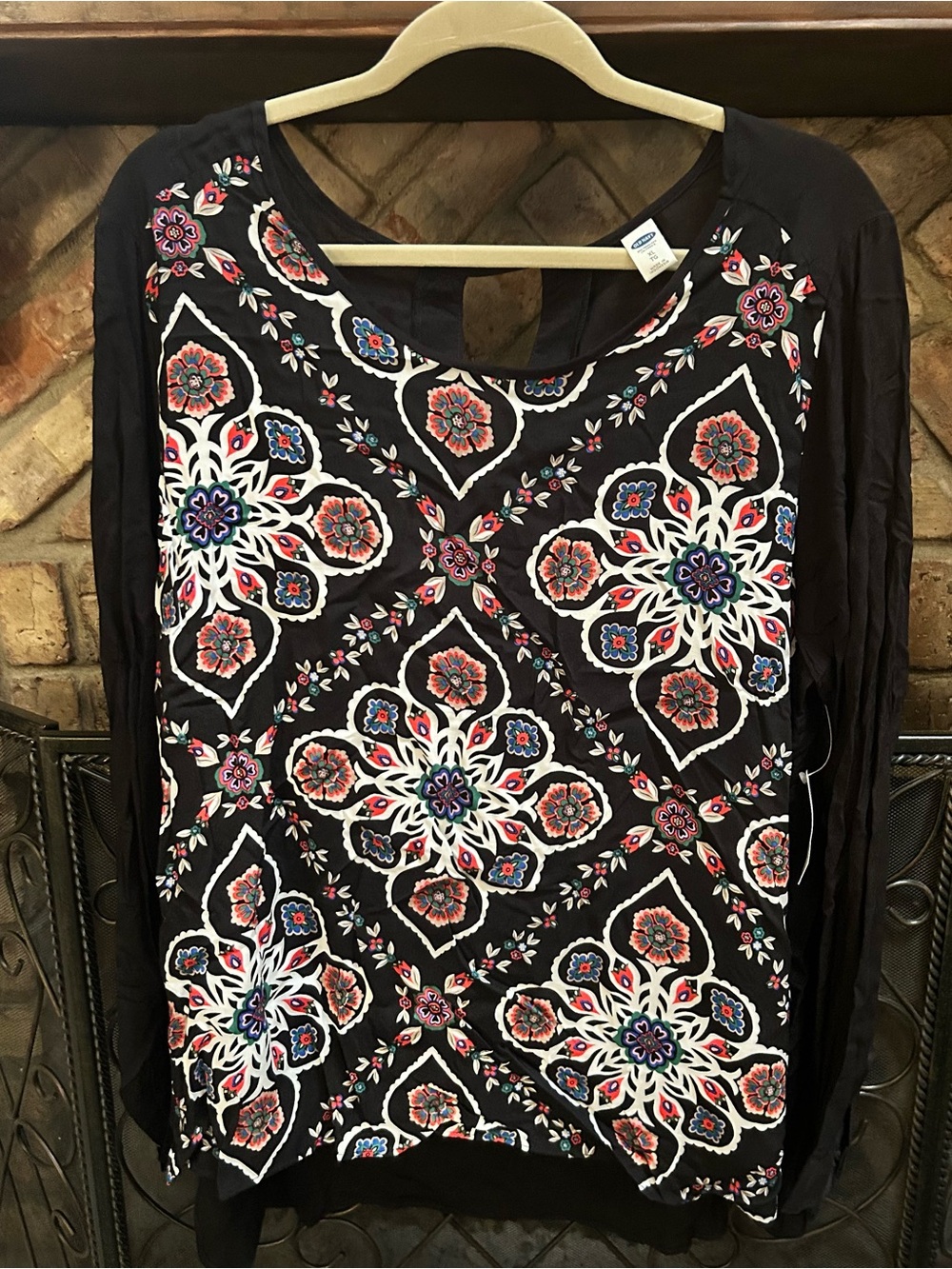 Old Navy Black Long Sleeve Top with Pink, Blue & White Mandala Print